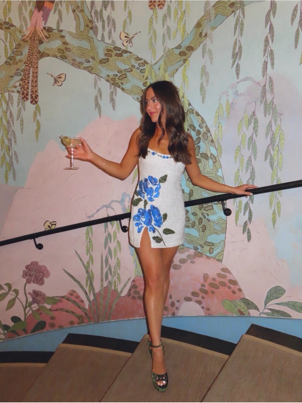 For Love And Lemons White Mini Dress with Blue Floral Appliqué - Picture 4 of 4